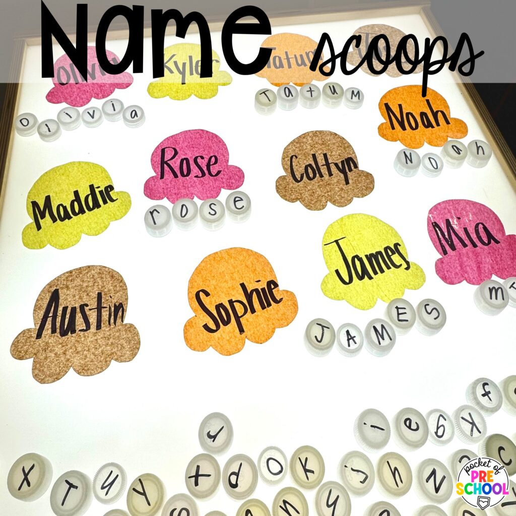 Name scoops! Ideas and activities for an ice cream theme in your preschool, pre-k, and kindergarten room.
