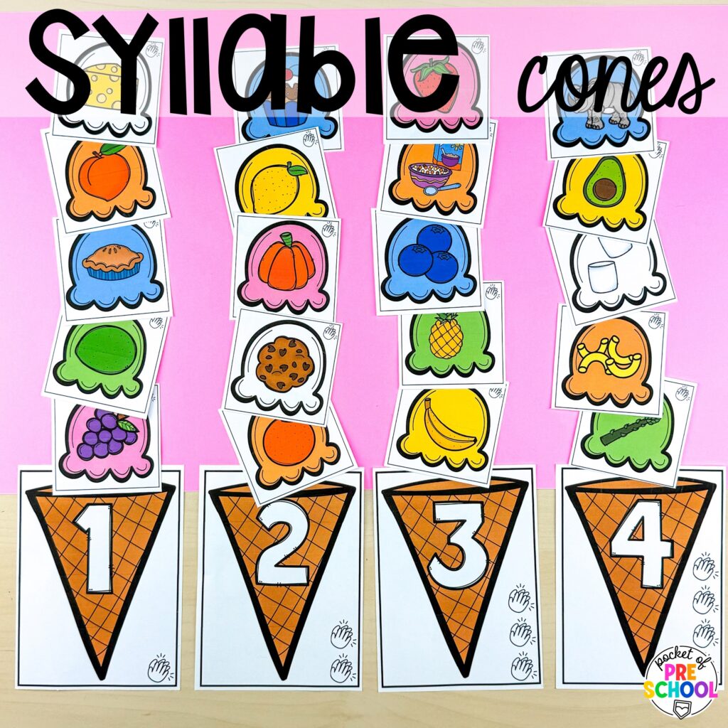 Syllable cones! Ideas and activities for an ice cream theme in your preschool, pre-k, and kindergarten room.