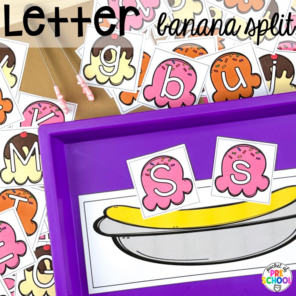Letter banana splits! Ideas and activities for an ice cream theme in your preschool, pre-k, and kindergarten room.