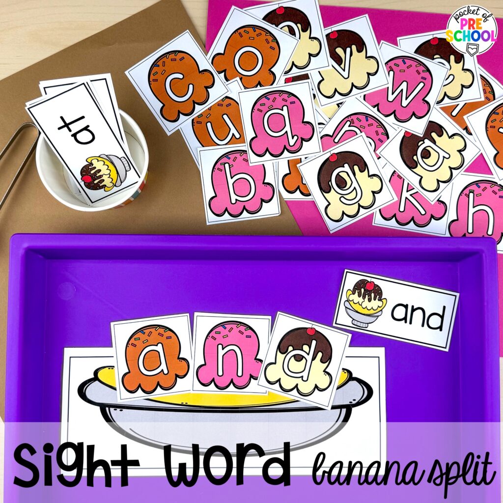 Sight word banana splits! Ideas and activities for an ice cream theme in your preschool, pre-k, and kindergarten room.