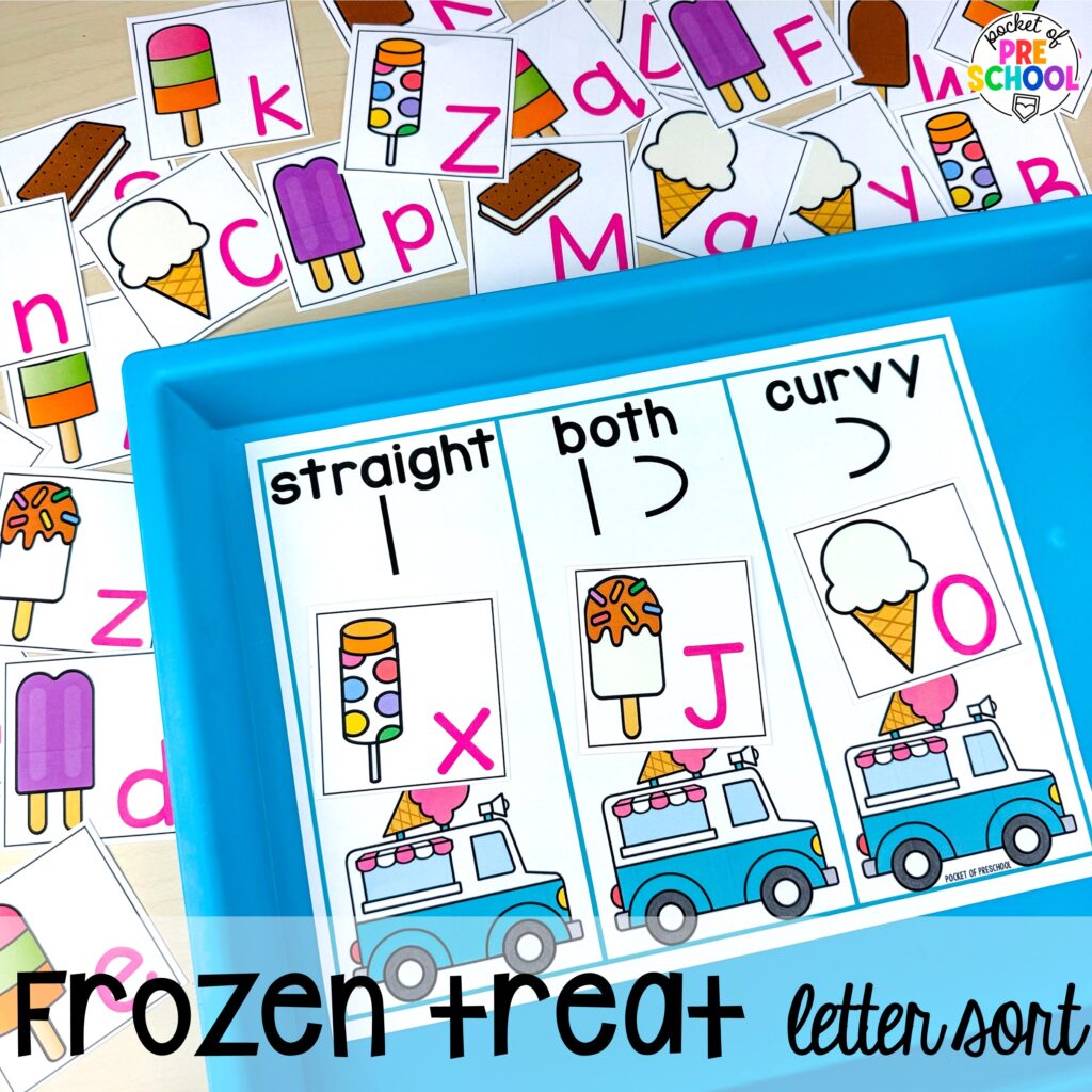 Frozen treat letter sort! Ideas and activities for an ice cream theme in your preschool, pre-k, and kindergarten room.