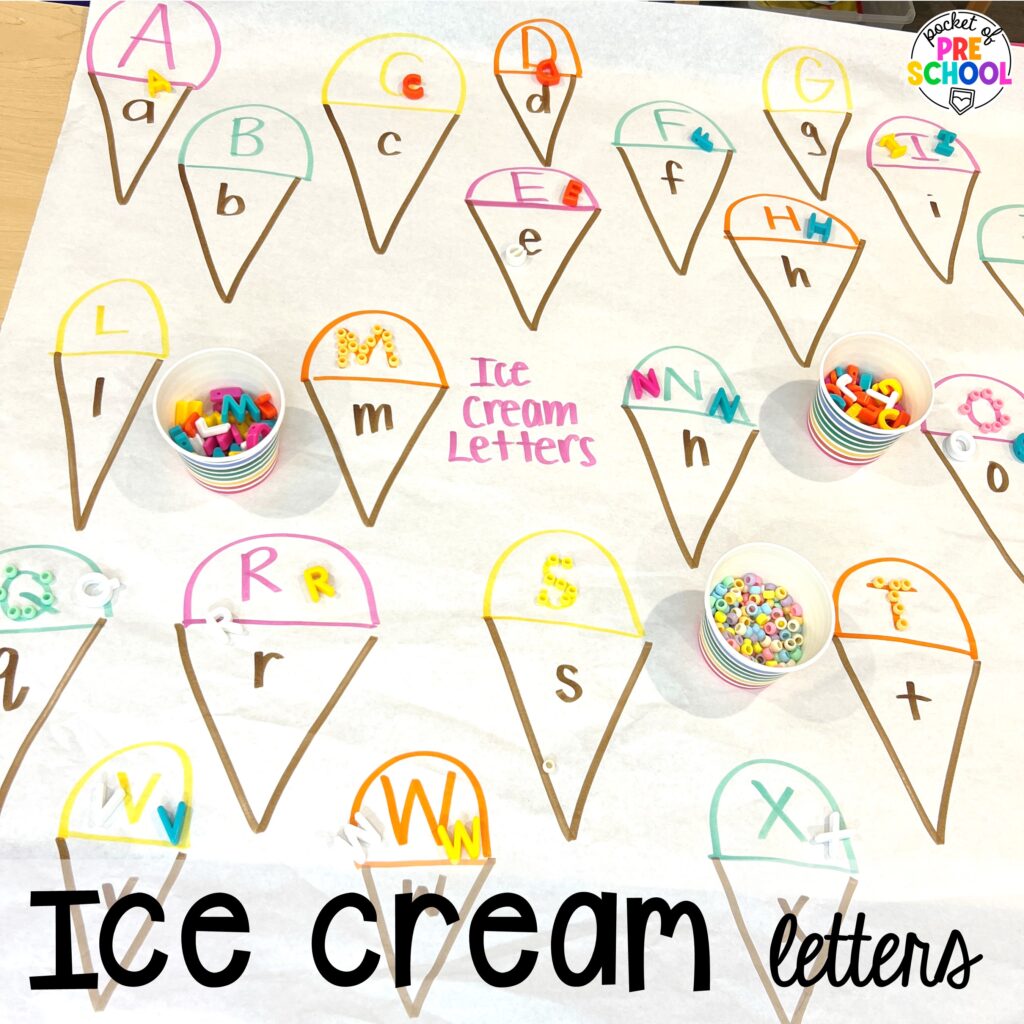 Ice cream letters! Ideas and activities for an ice cream theme in your preschool, pre-k, and kindergarten room.