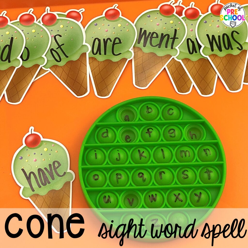 Cone sight word spell! Ideas and activities for an ice cream theme in your preschool, pre-k, and kindergarten room.