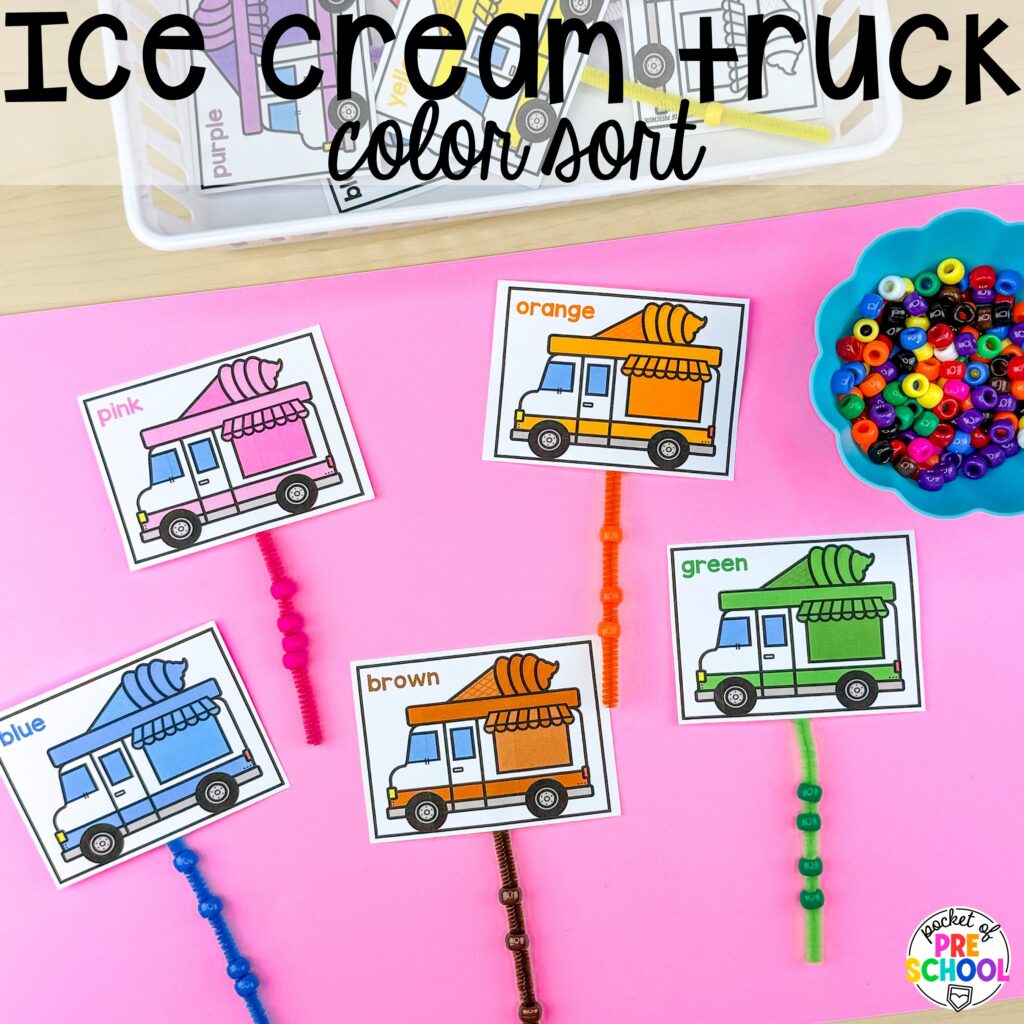 Ice cream truck color sort! Ideas and activities for an ice cream theme in your preschool, pre-k, and kindergarten room.