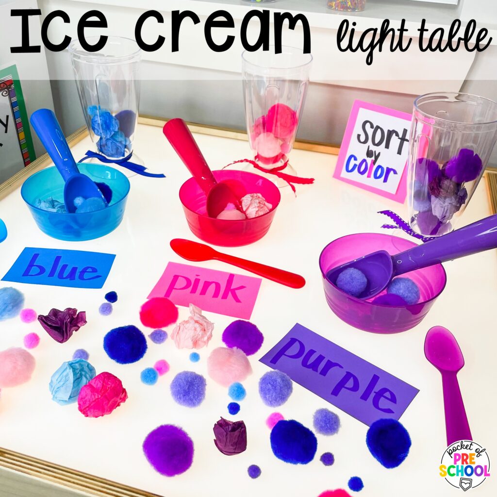 Ice cream light table! Ideas and activities for an ice cream theme in your preschool, pre-k, and kindergarten room.