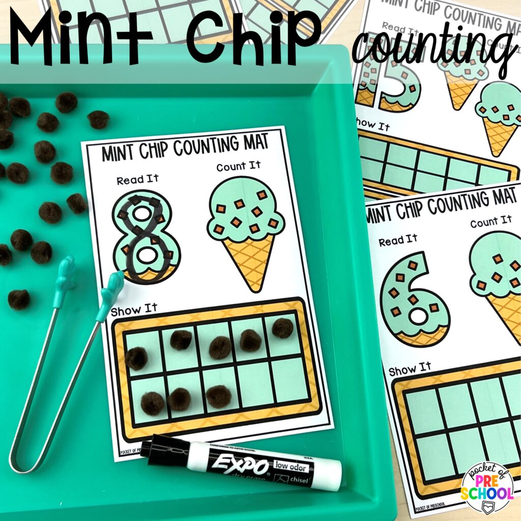 Mint chip counting! Ideas and activities for an ice cream theme in your preschool, pre-k, and kindergarten room.