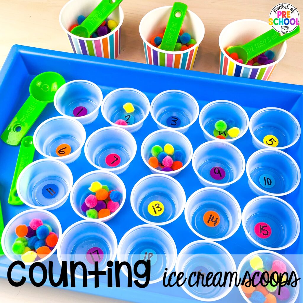 Counting ice cream scoops! Ideas and activities for an ice cream theme in your preschool, pre-k, and kindergarten room.