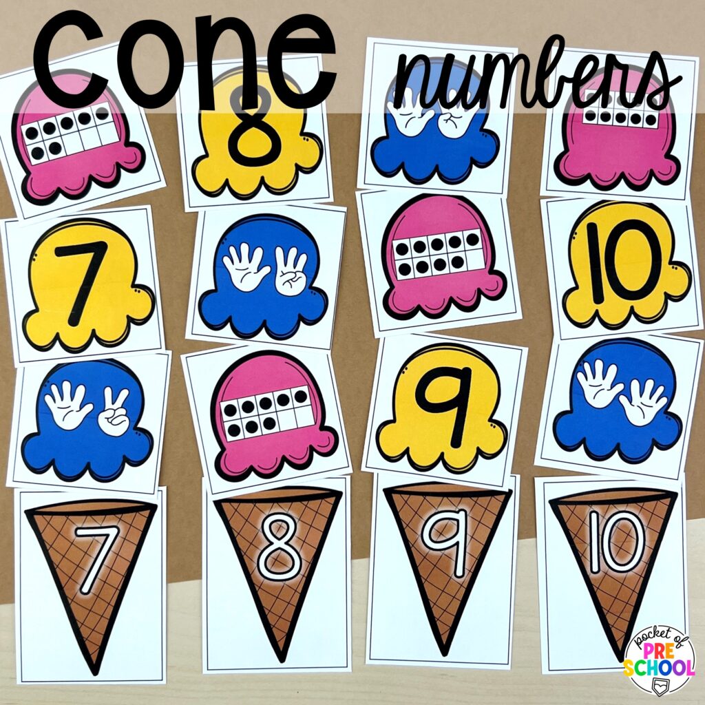 Cone numbers! Ideas and activities for an ice cream theme in your preschool, pre-k, and kindergarten room.