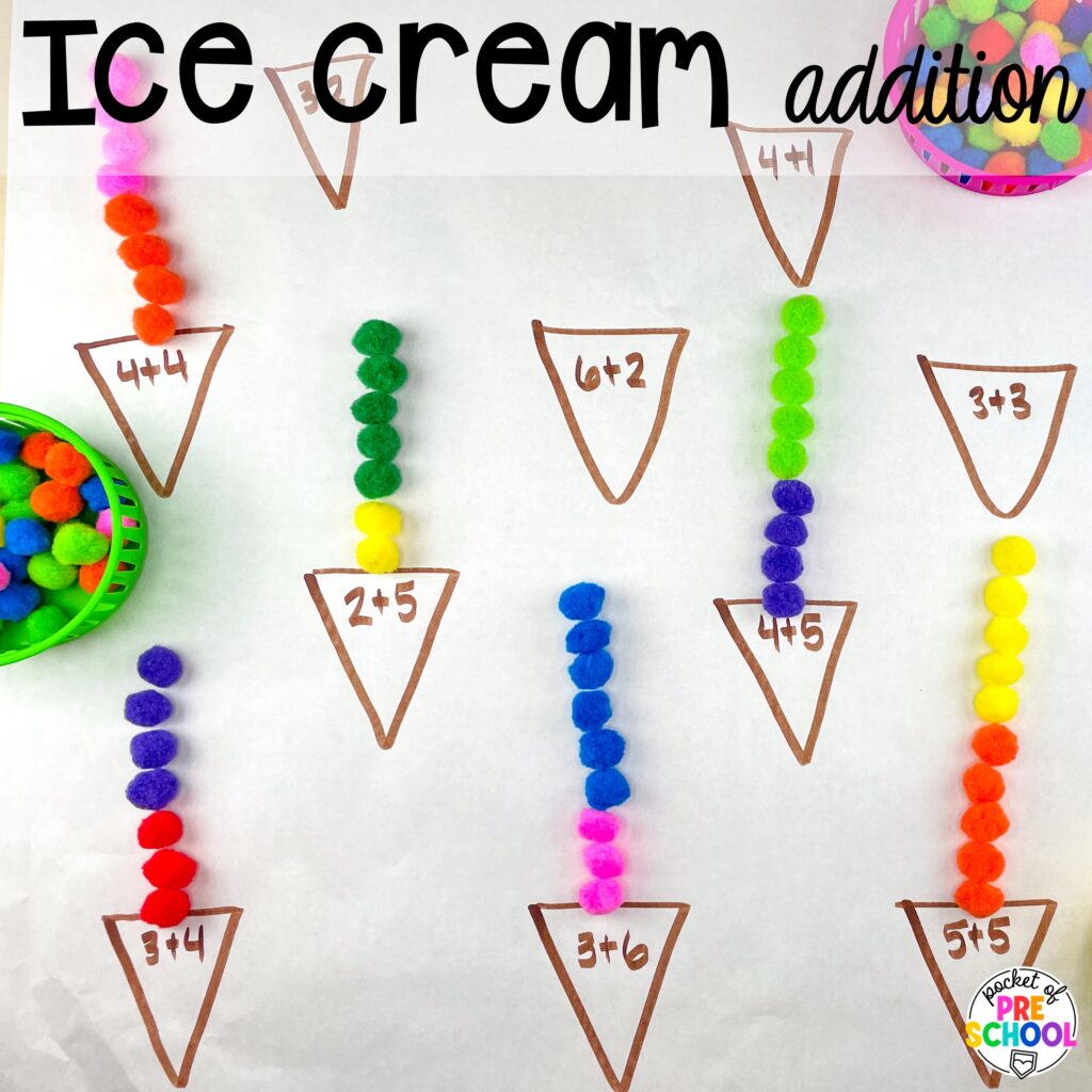 Ice cream addition! Ideas and activities for an ice cream theme in your preschool, pre-k, and kindergarten room.