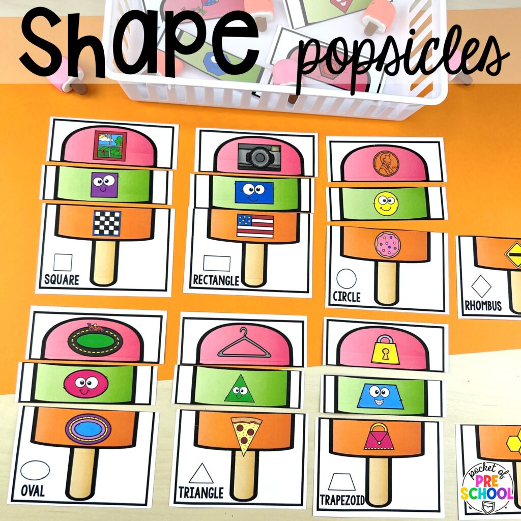 Shape popsicles! Ideas and activities for an ice cream theme in your preschool, pre-k, and kindergarten room.