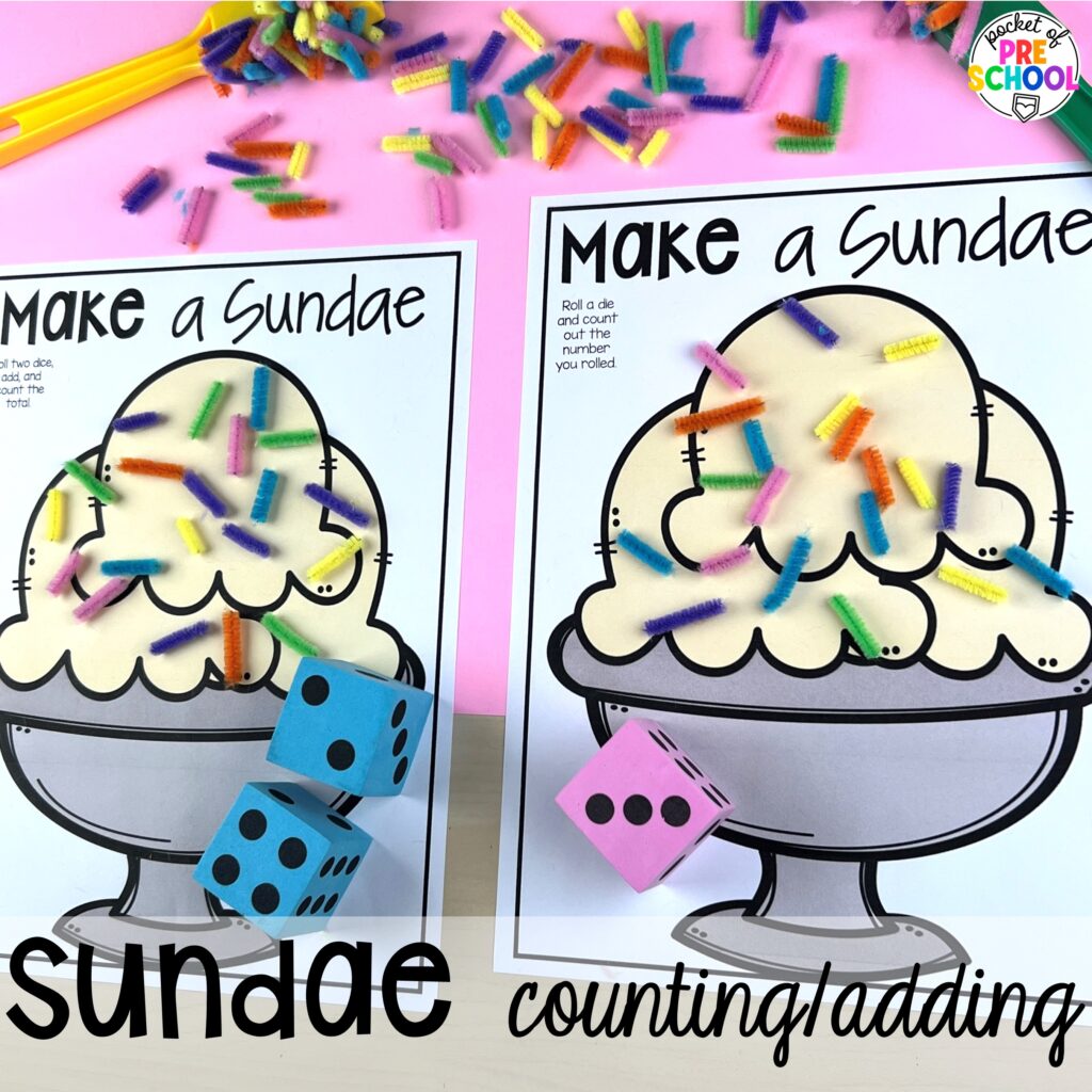 Sundae counting/adding! Ideas and activities for an ice cream theme in your preschool, pre-k, and kindergarten room.