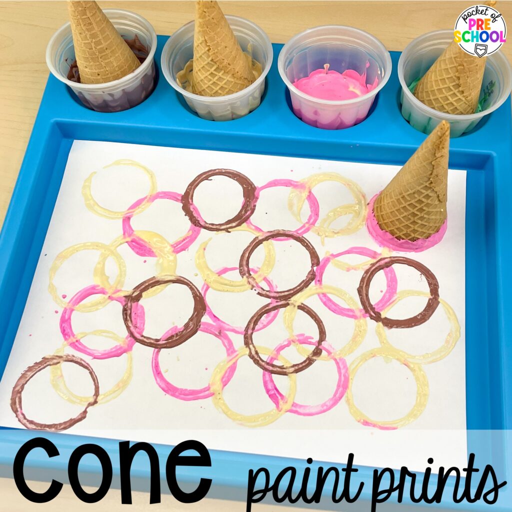 Cone paint prints! Ideas and activities for an ice cream theme in your preschool, pre-k, and kindergarten room.