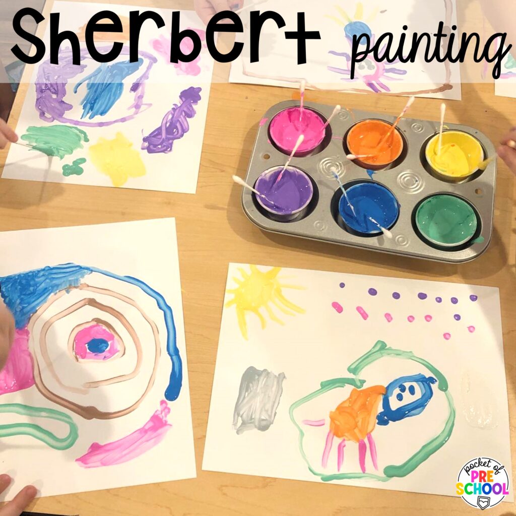 Sherbet painting! Ideas and activities for an ice cream theme in your preschool, pre-k, and kindergarten room.