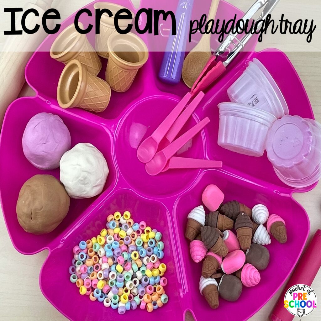 Ice cream play dough tray! Ideas and activities for an ice cream theme in your preschool, pre-k, and kindergarten room.