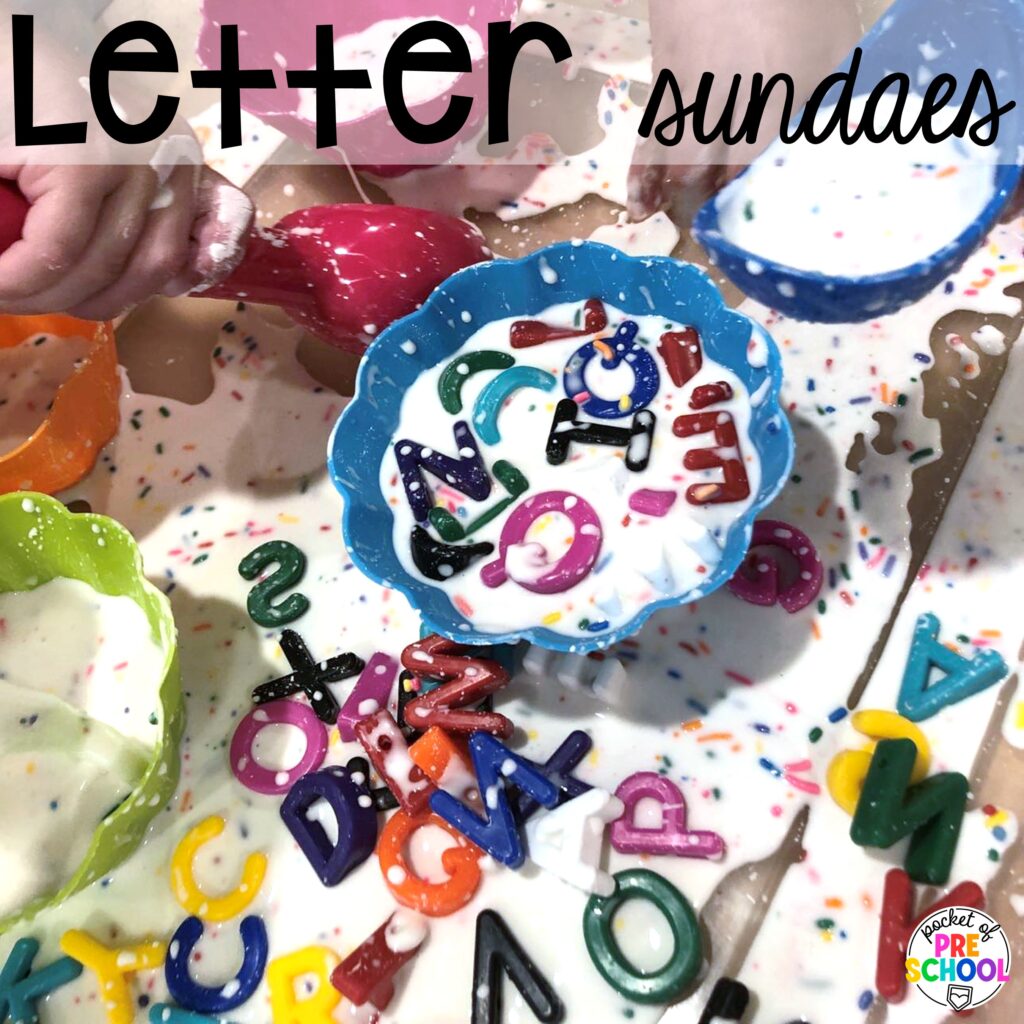Letter sundaes! Ideas and activities for an ice cream theme in your preschool, pre-k, and kindergarten room.