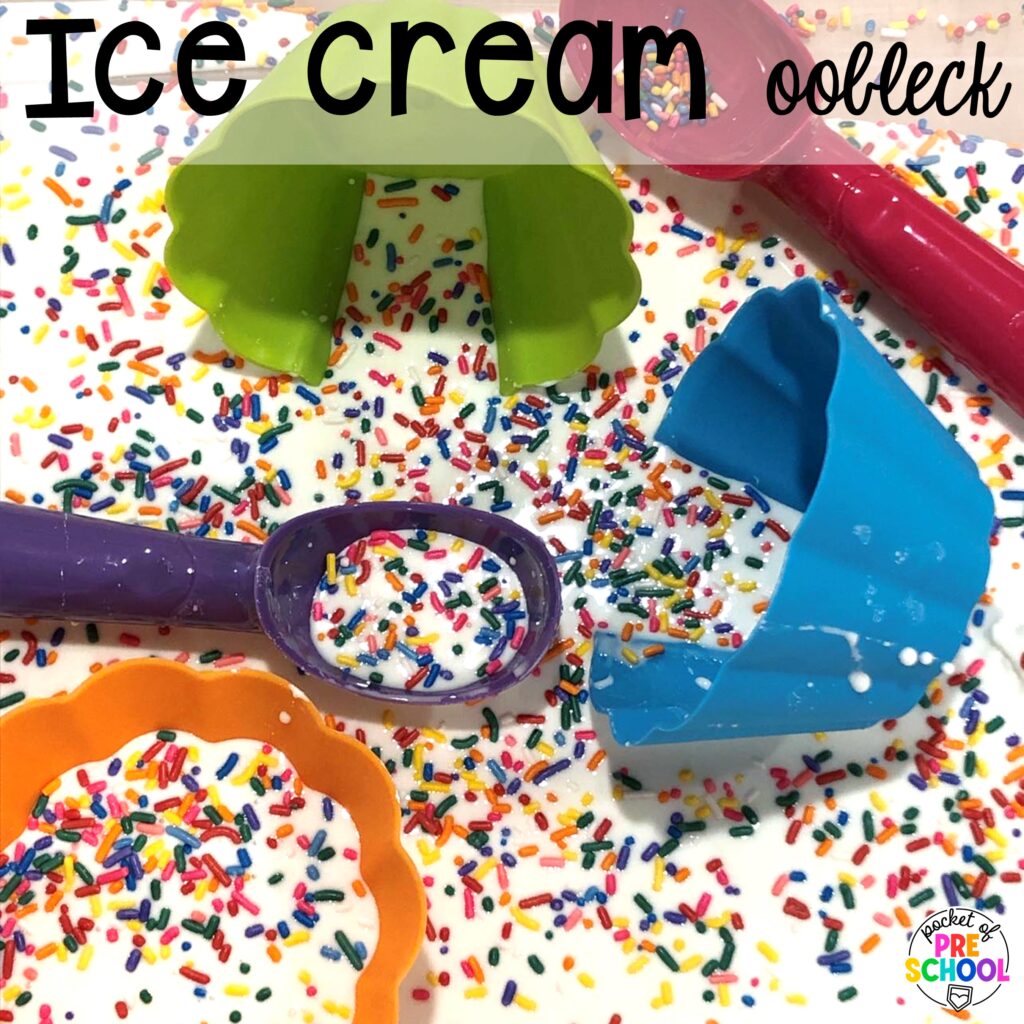 Ice cream oobleck! Ideas and activities for an ice cream theme in your preschool, pre-k, and kindergarten room.