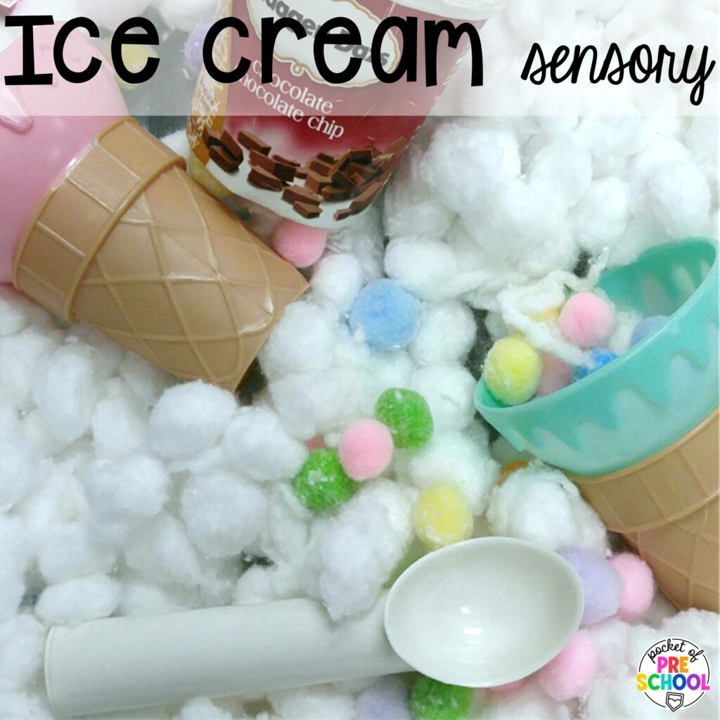 Ice cream sensory! Ideas and activities for an ice cream theme in your preschool, pre-k, and kindergarten room.