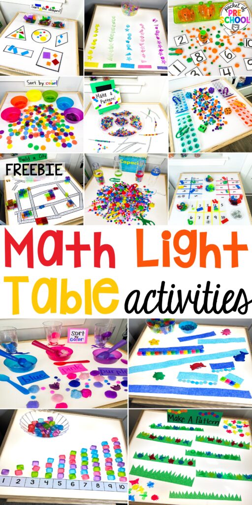 Math light table activities designed for preschool, pre-k, and kindergarten classrooms. Ideas for colors, shapes, counting, measurement, and more!