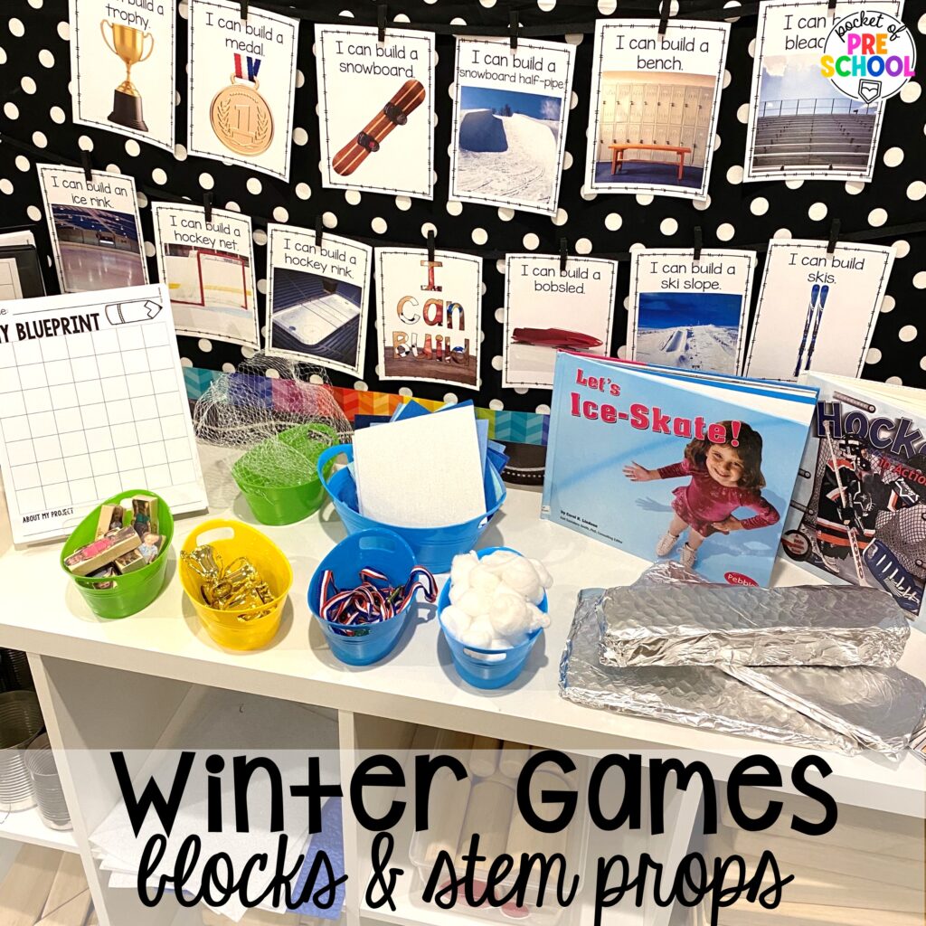 Winter games blocks and STEM props! Olympic activities and centers for preschool, pre-k, and kindergarten. There are ideas for the winter and summer games, or just a general Olympic theme.