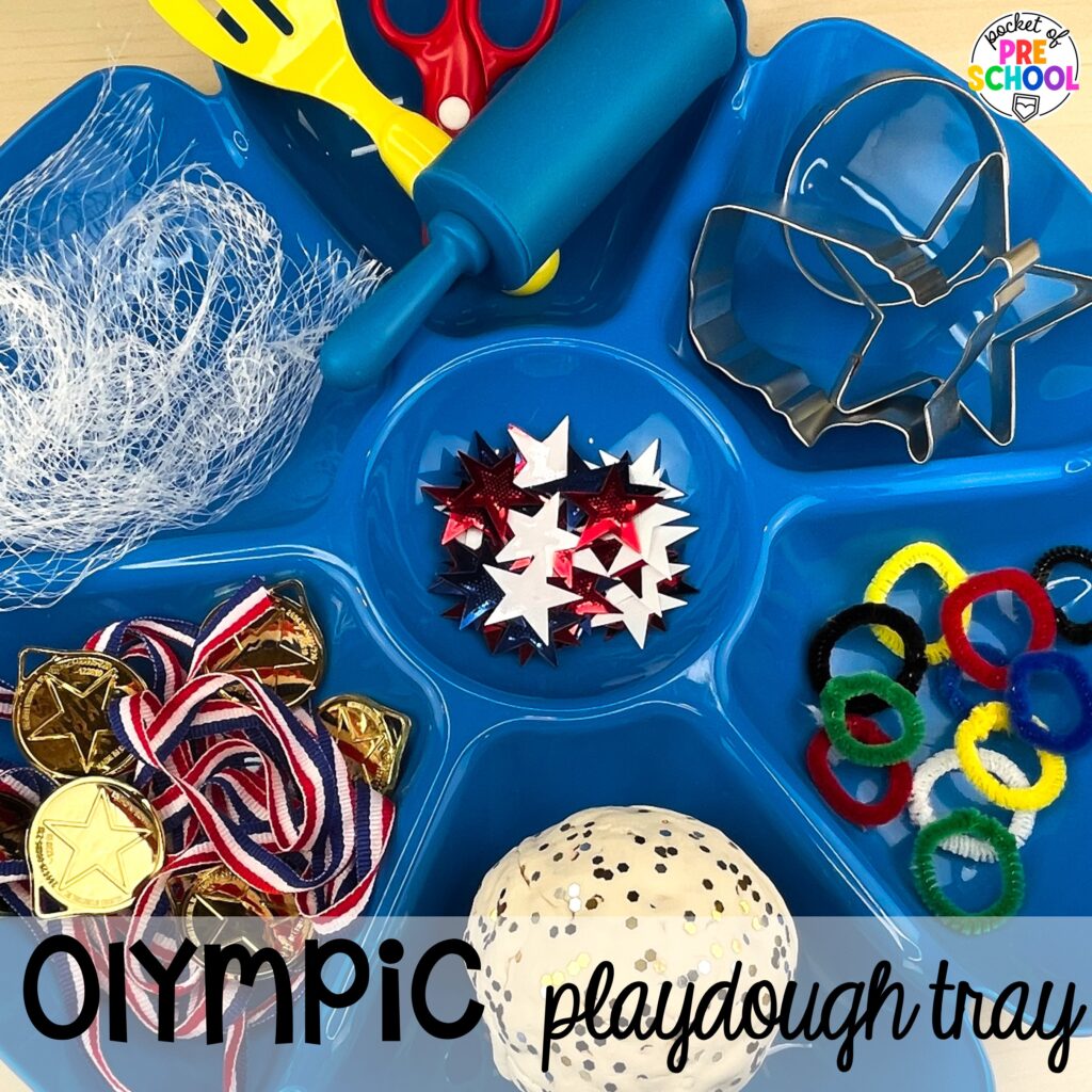 Olympic playdough tray! Olympic activities and centers for preschool, pre-k, and kindergarten. There are ideas for the winter and summer games, or just a general Olympic theme.