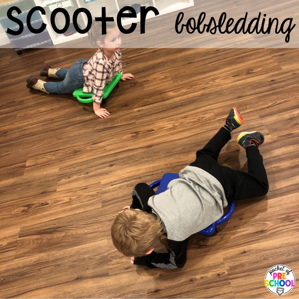 Scooter bobsledding for gross motor fun! Olympic activities and centers for preschool, pre-k, and kindergarten. There are ideas for the winter and summer games, or just a general Olympic theme.