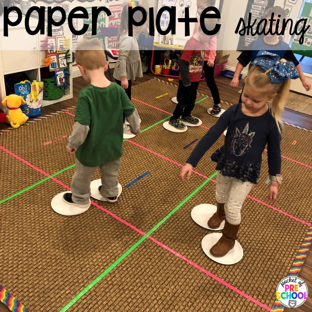 Paper plate skating for gross motor fun! Olympic activities and centers for preschool, pre-k, and kindergarten. There are ideas for the winter and summer games, or just a general Olympic theme.