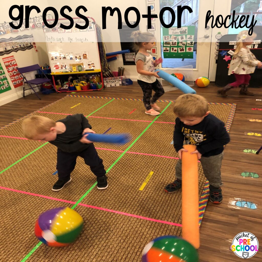 Gross motor hockey! Olympic activities and centers for preschool, pre-k, and kindergarten. There are ideas for the winter and summer games, or just a general Olympic theme.