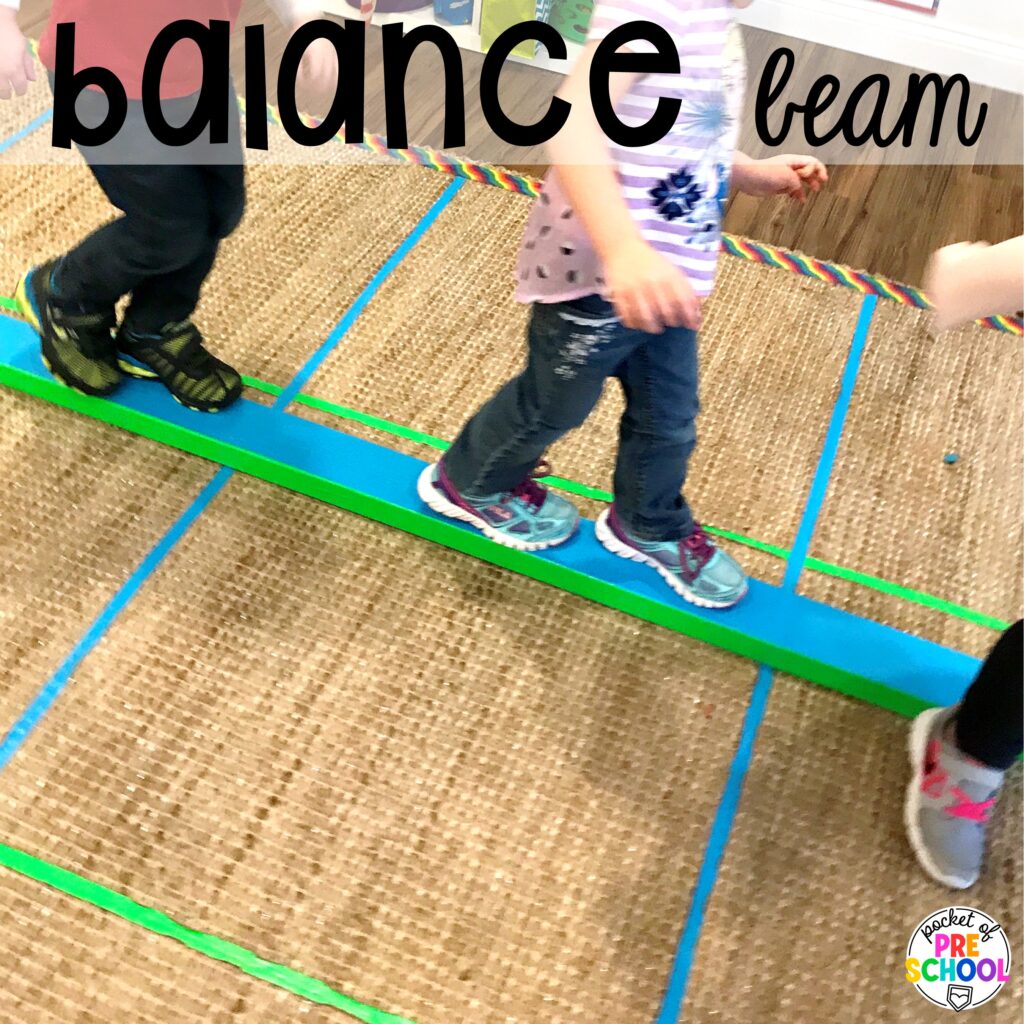 Balance beam for gross motor fun! Olympic activities and centers for preschool, pre-k, and kindergarten. There are ideas for the winter and summer games, or just a general Olympic theme.