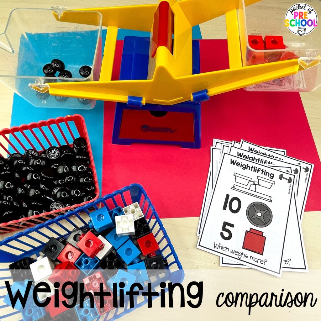 Weightlifting comparison! Olympic activities and centers for preschool, pre-k, and kindergarten. There are ideas for the winter and summer games, or just a general Olympic theme.