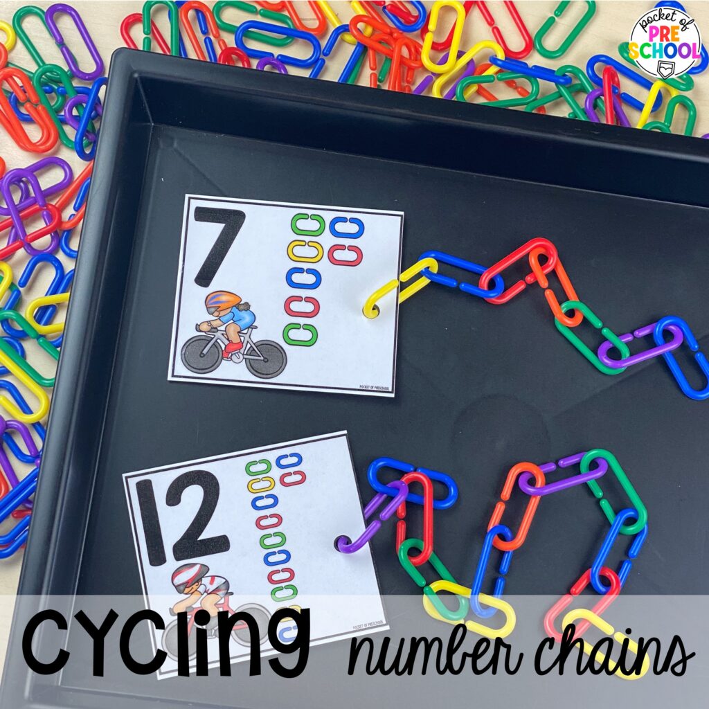 Cycling number chains! Olympic activities and centers for preschool, pre-k, and kindergarten. There are ideas for the winter and summer games, or just a general Olympic theme.