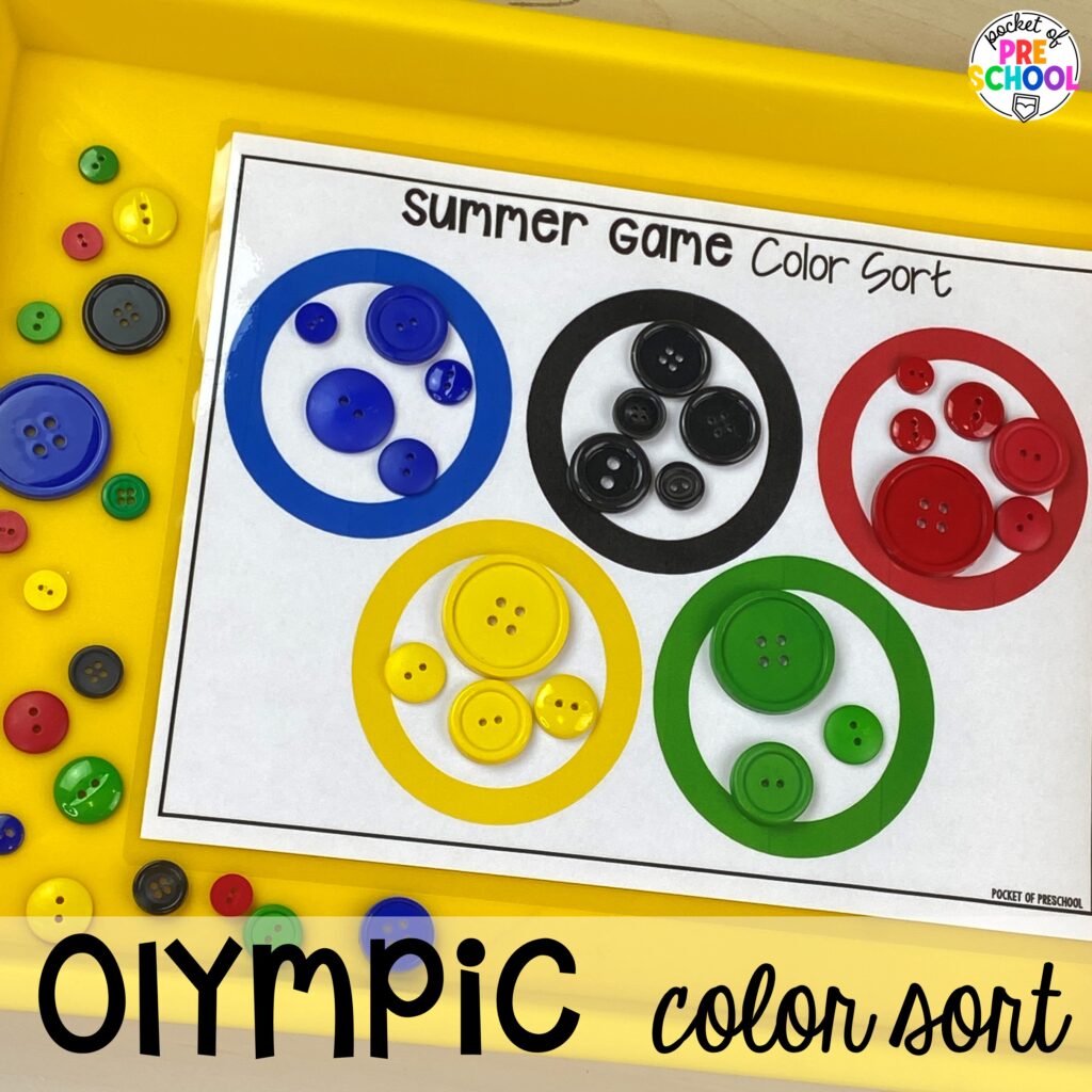 Olympic color sort! Olympic activities and centers for preschool, pre-k, and kindergarten. There are ideas for the winter and summer games, or just a general Olympic theme.