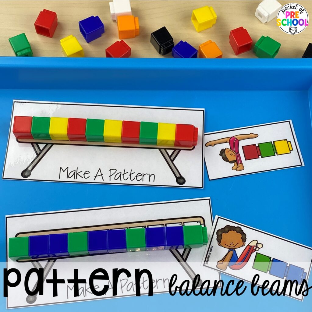 Pattern balance beams! Olympic activities and centers for preschool, pre-k, and kindergarten. There are ideas for the winter and summer games, or just a general Olympic theme.