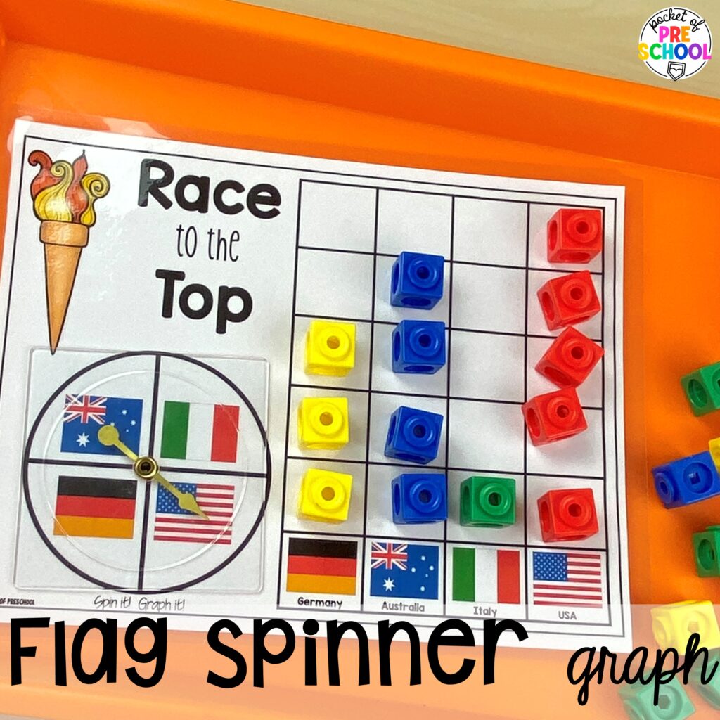 Flag spinner graph! Olympic activities and centers for preschool, pre-k, and kindergarten. There are ideas for the winter and summer games, or just a general Olympic theme.
