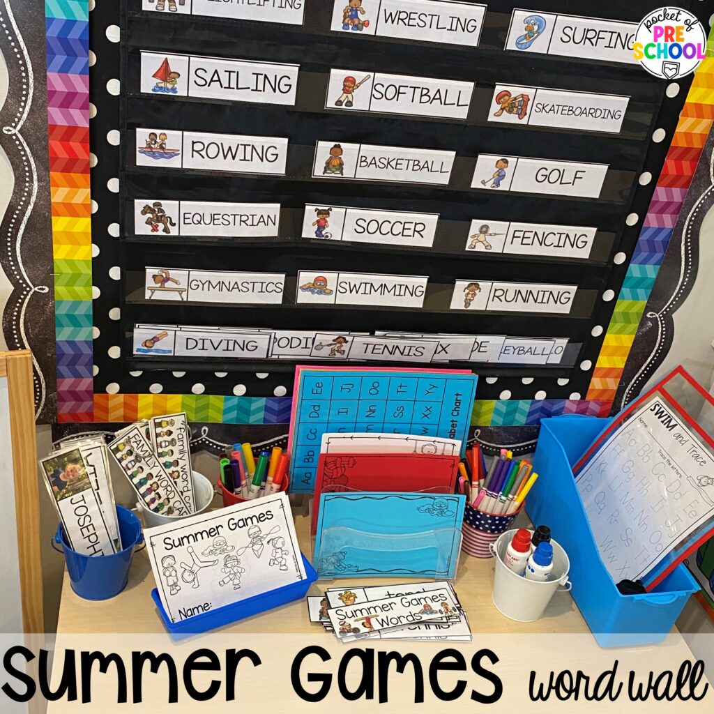 Summer games word wall! Olympic activities and centers for preschool, pre-k, and kindergarten. There are ideas for the winter and summer games, or just a general Olympic theme.