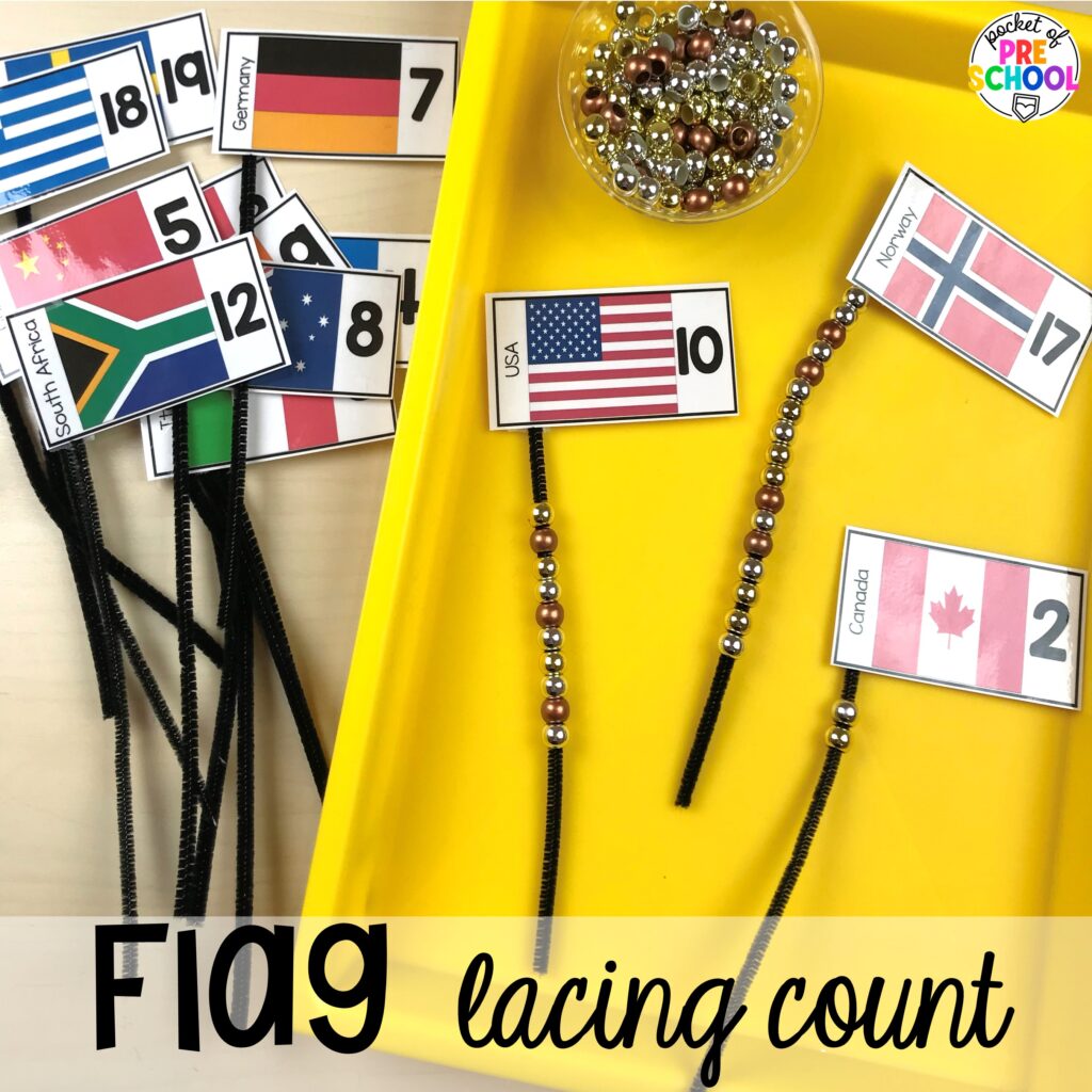 Flag lacing count! Olympic activities and centers for preschool, pre-k, and kindergarten. There are ideas for the winter and summer games, or just a general Olympic theme.