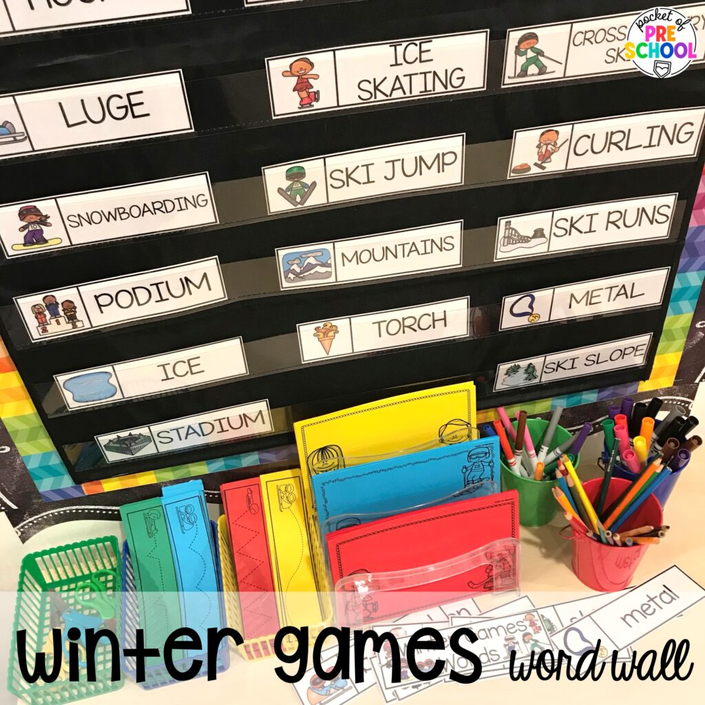 Winter games word wall! Olympic activities and centers for preschool, pre-k, and kindergarten. There are ideas for the winter and summer games, or just a general Olympic theme.
