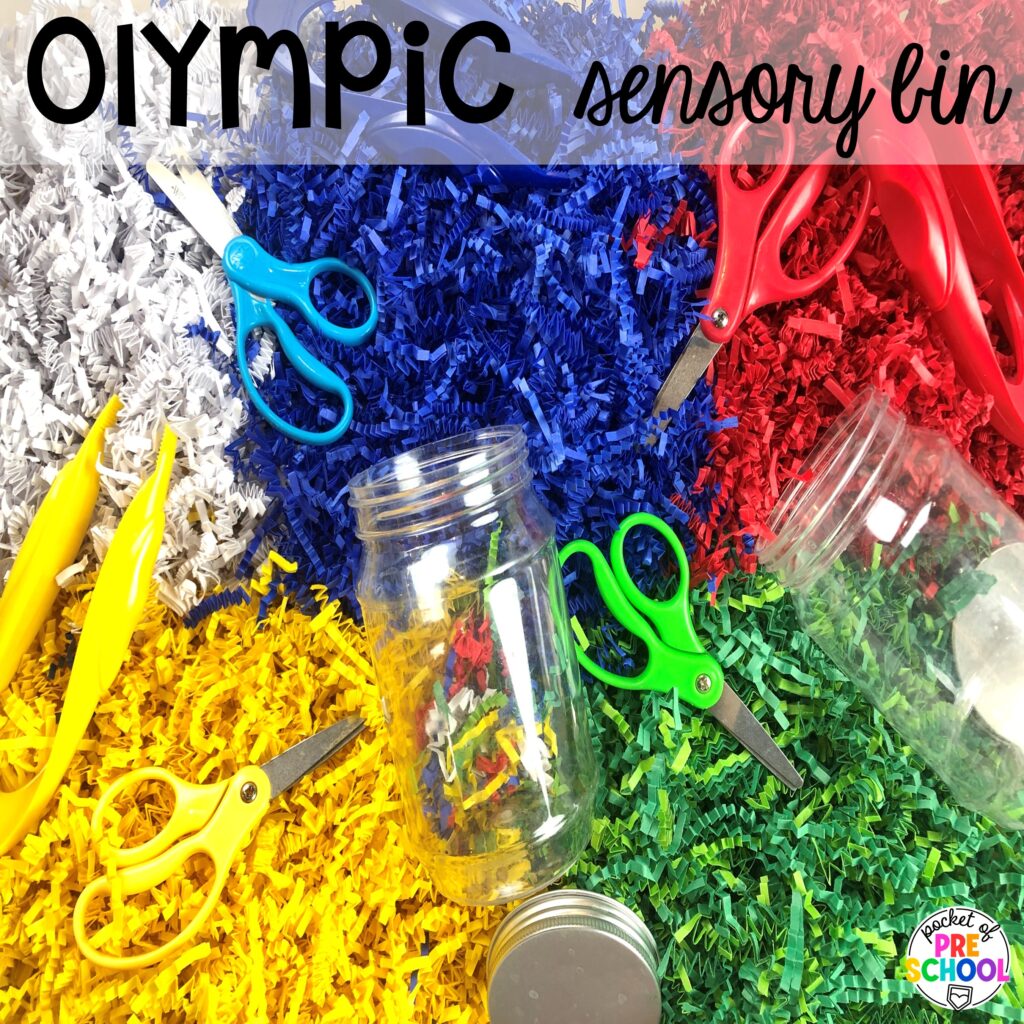 Olympic sensory bin! Olympic activities and centers for preschool, pre-k, and kindergarten. There are ideas for the winter and summer games, or just a general Olympic theme.