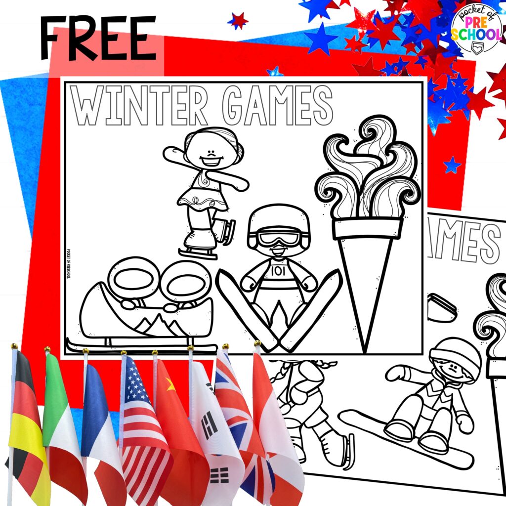 Winter games coloring freebie! Olympic activities and centers for preschool, pre-k, and kindergarten. There are ideas for the winter and summer games, or just a general Olympic theme.