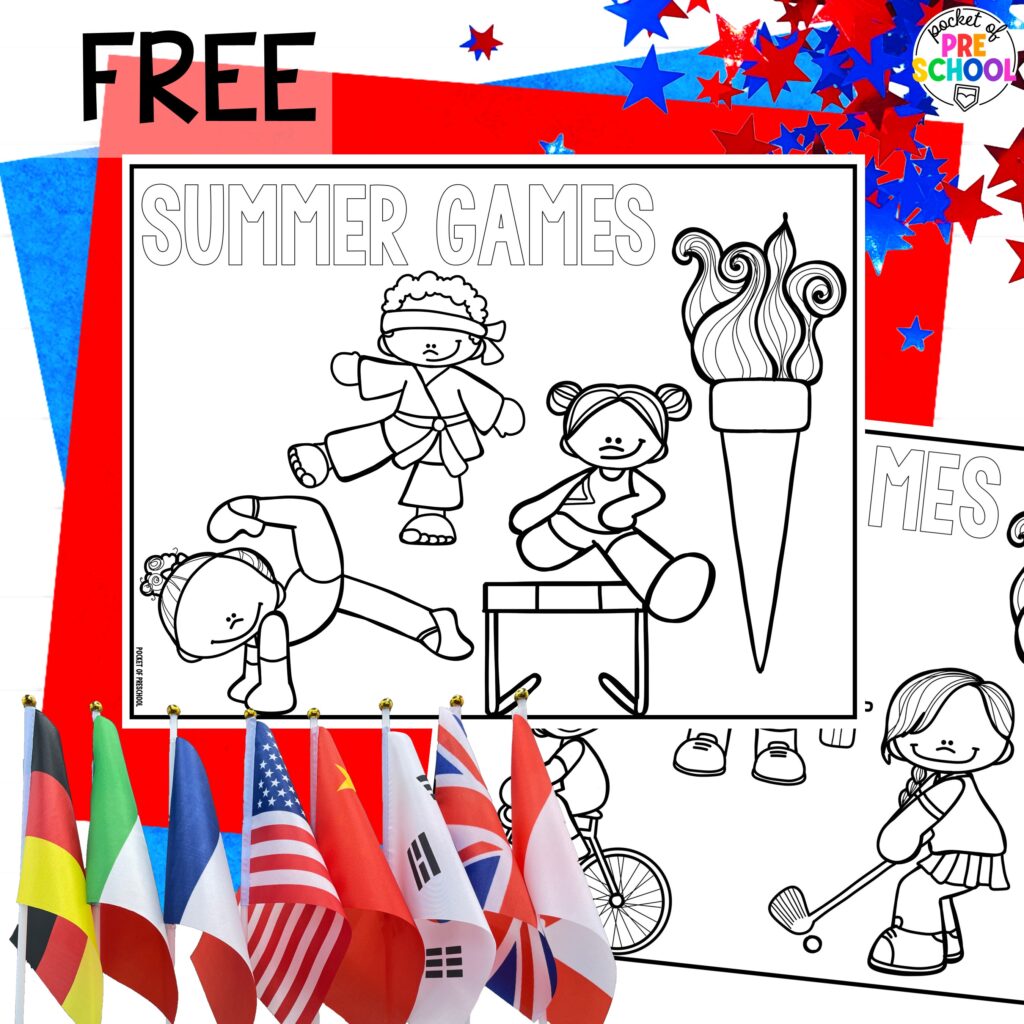 Summer games coloring freebie! Olympic activities and centers for preschool, pre-k, and kindergarten. There are ideas for the winter and summer games, or just a general Olympic theme.