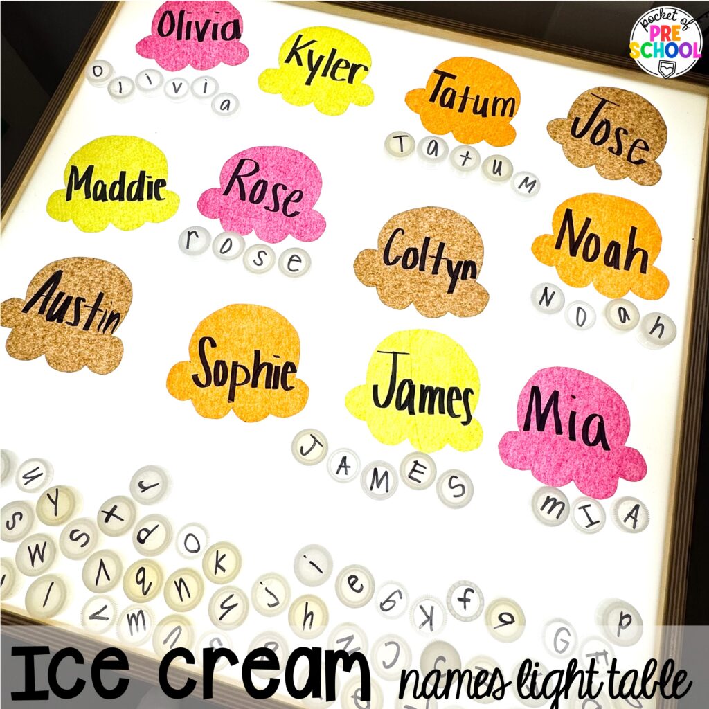 Ice cream names light table plus more summer light table activities for preschool, pre-k, and kindergarten students. Ideas for math, literacy, fine motor, and STEM.