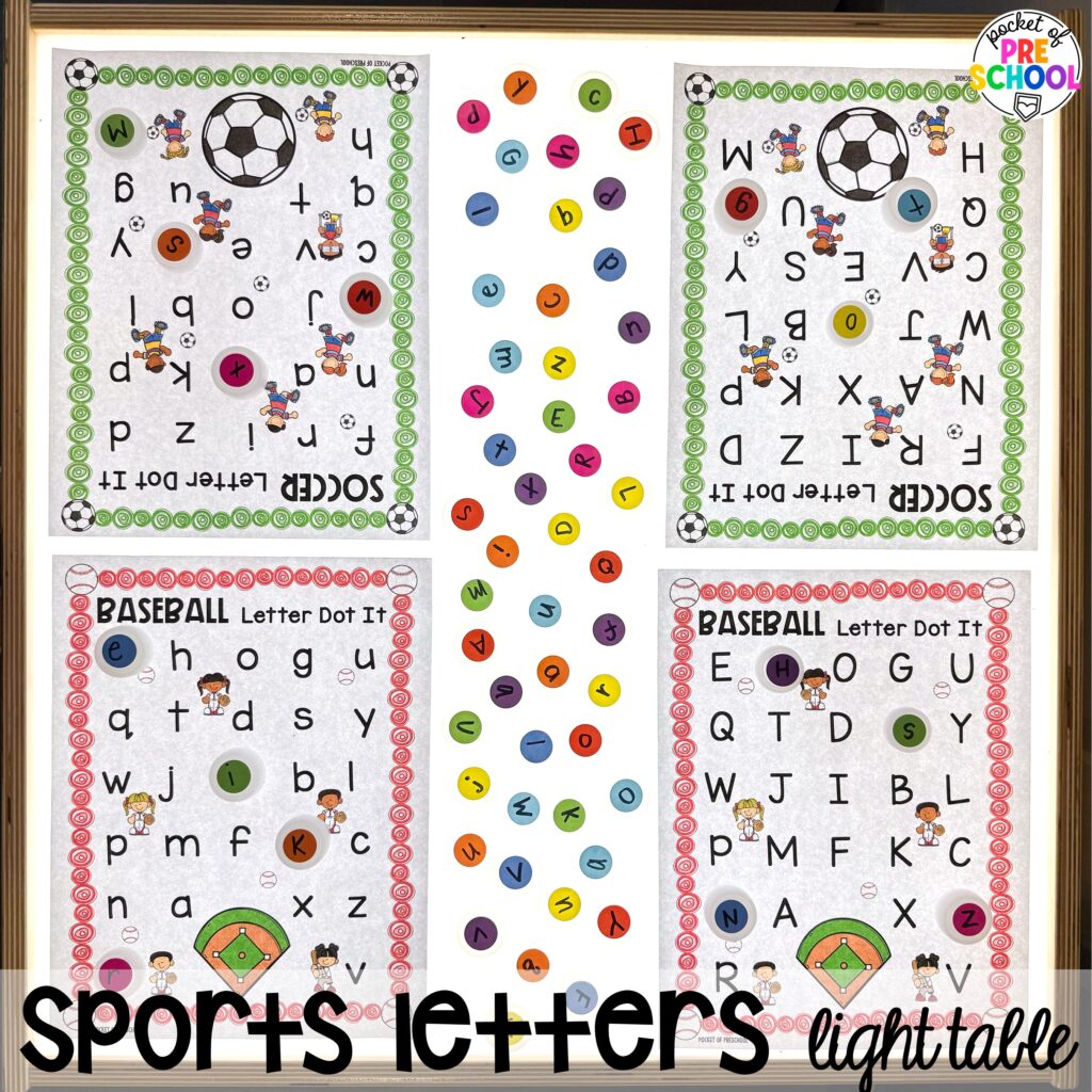 Sports letters light table plus more summer light table activities for preschool, pre-k, and kindergarten students. Ideas for math, literacy, fine motor, and STEM.