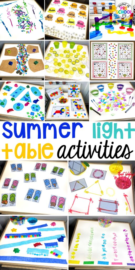 Summer light table activities for preschool, pre-k, and kindergarten students. Ideas for math, literacy, fine motor, and STEM.