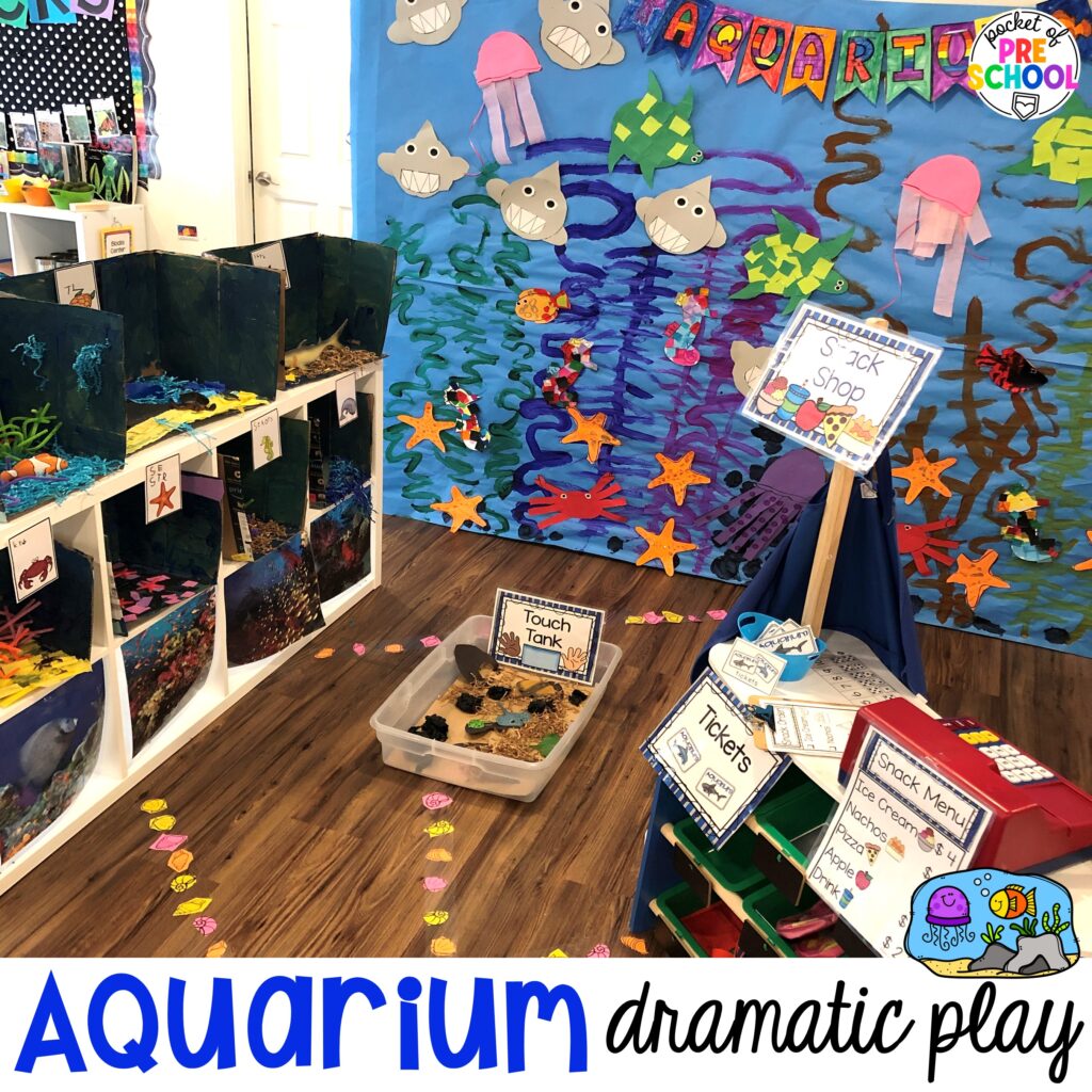 Set up an aquarium in your dramatic play area for preschool, pre-k, and kindergarten students to learn math, literacy, science, and social skills.