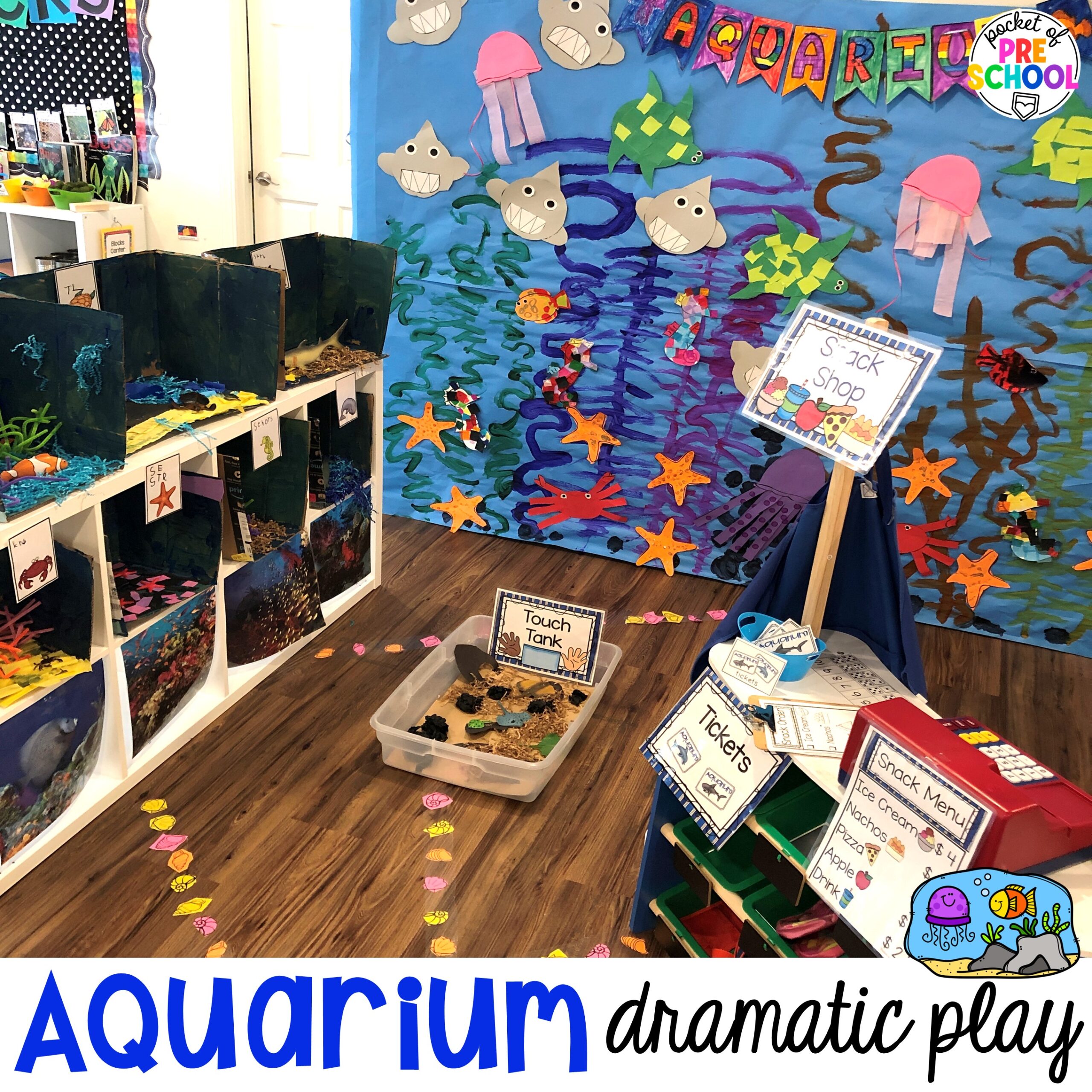 Set up an aquarium in your dramatic play area for preschool, pre-k, and kindergarten students to learn math, literacy, science, and social skills.