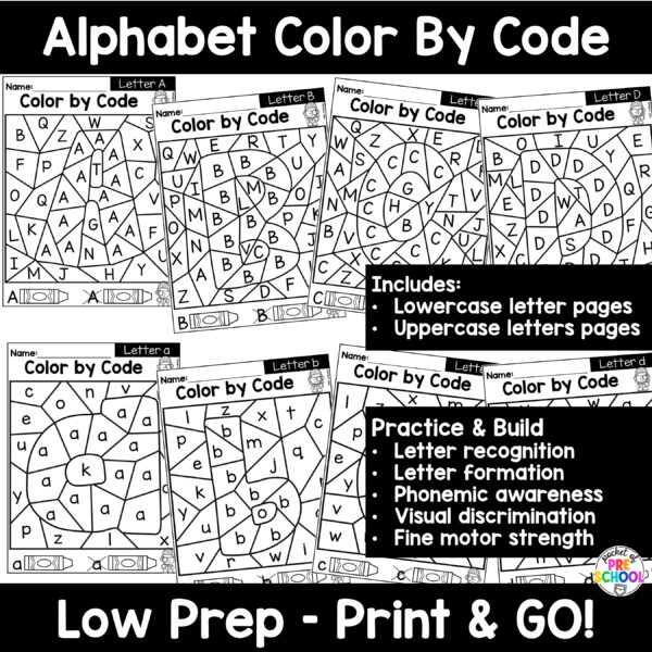 Color by code! Alphabet worksheets to practice letter formation, letter identification, and more with your preschool, pre-k, and kindergarten students.