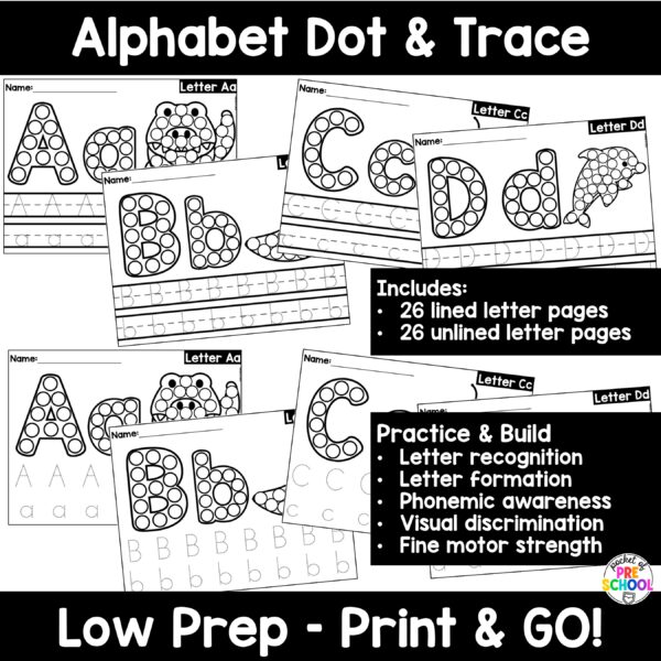 Dot and trace! Alphabet worksheets to practice letter formation, letter identification, and more with your preschool, pre-k, and kindergarten students.
