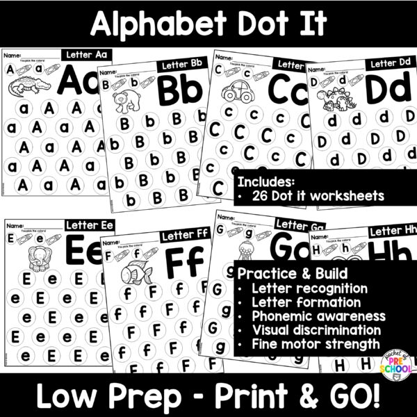 Dot it! Alphabet worksheets to practice letter formation, letter identification, and more with your preschool, pre-k, and kindergarten students.