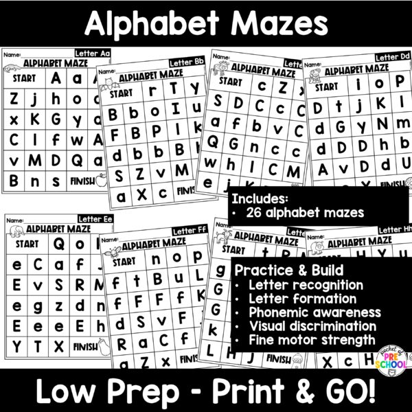 Mazes! Alphabet worksheets to practice letter formation, letter identification, and more with your preschool, pre-k, and kindergarten students.