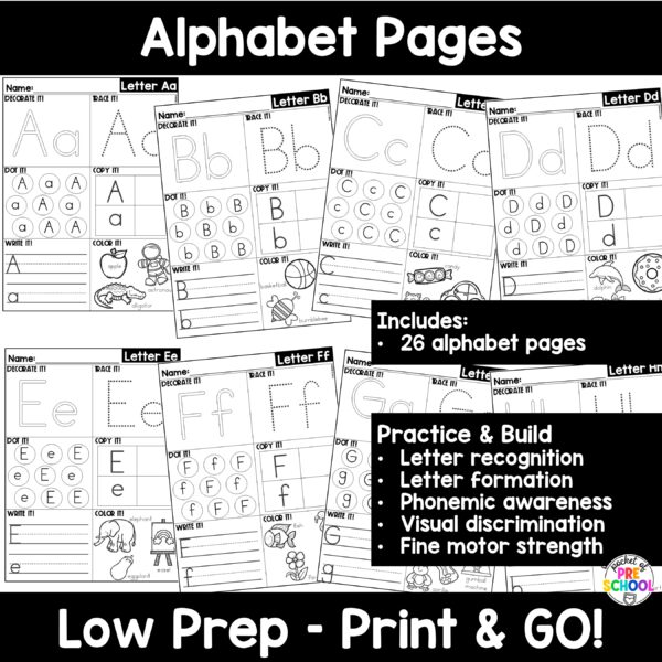 Alphabet pages! Alphabet worksheets to practice letter formation, letter identification, and more with your preschool, pre-k, and kindergarten students.