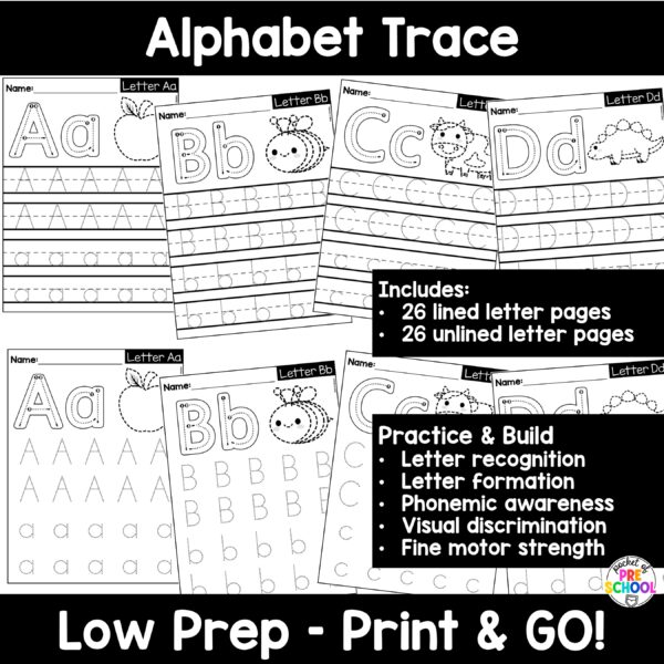 Letter trace! Alphabet worksheets to practice letter formation, letter identification, and more with your preschool, pre-k, and kindergarten students.